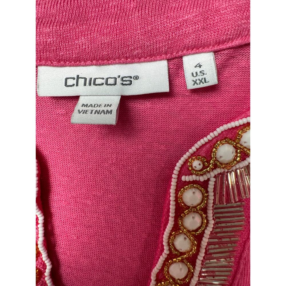 Chico’s Pink 100% Linen Beaded Embellished V-Neck Tunic Top XXL Resort Summer - Picture 4 of 9